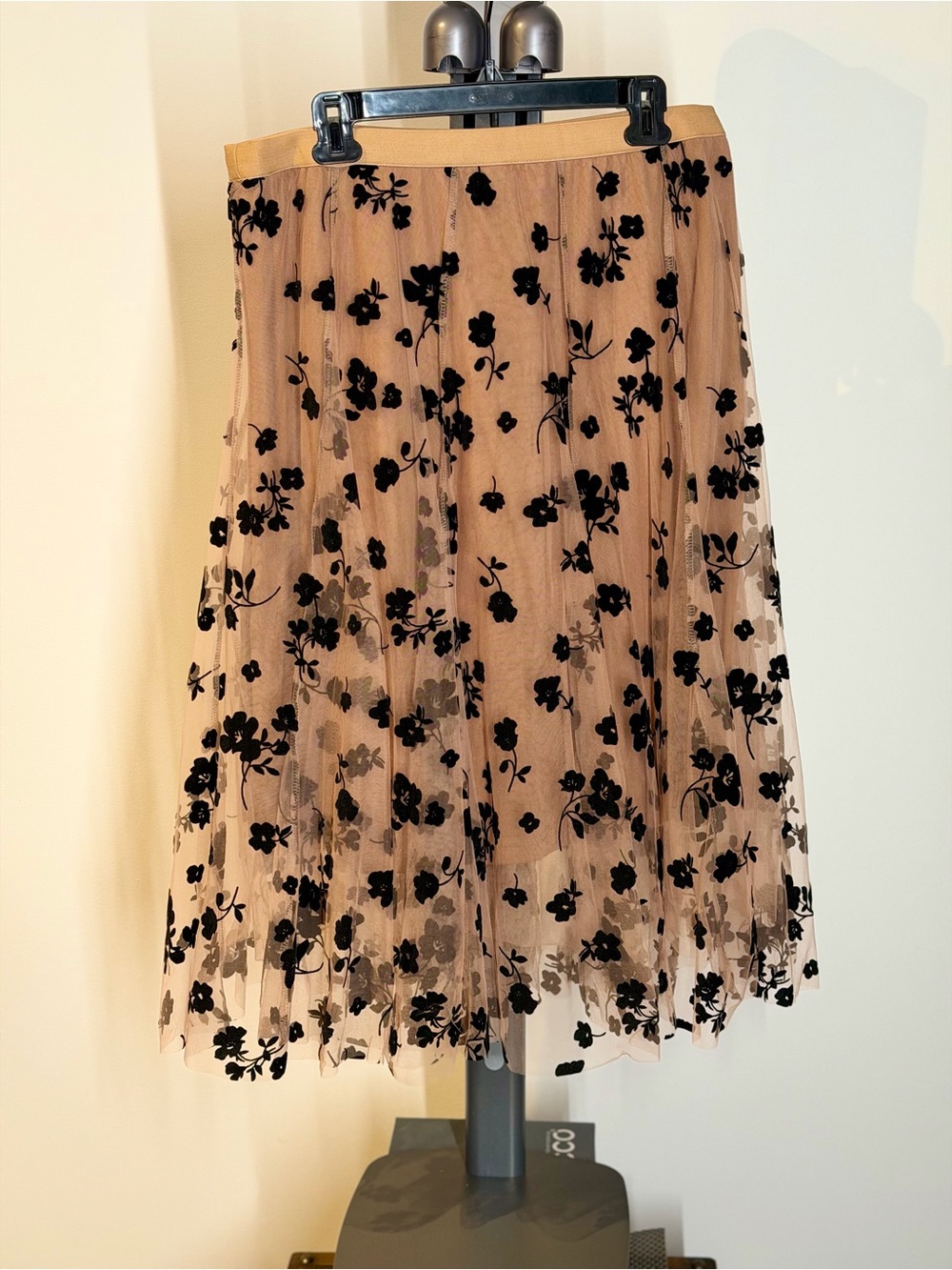Black Floral Mesh Midi Skirt - Nude and Black